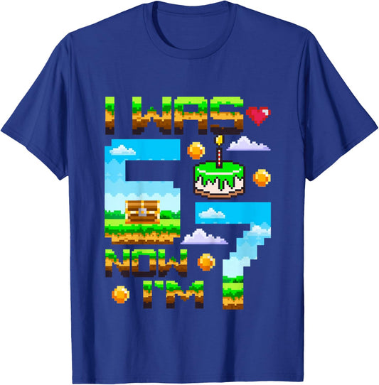 7 Year Old Birthday I was 6 Now I'm 7 67 Pixel Gamer Boy Kid T-Shirt - T-Shirt | Royal