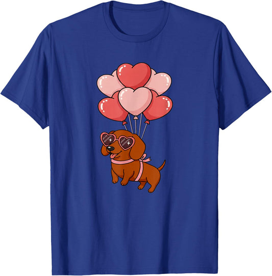 Girls Valentines Day Heart Balloons Mini Dachshund T-Shirt - T-Shirt | Royal
