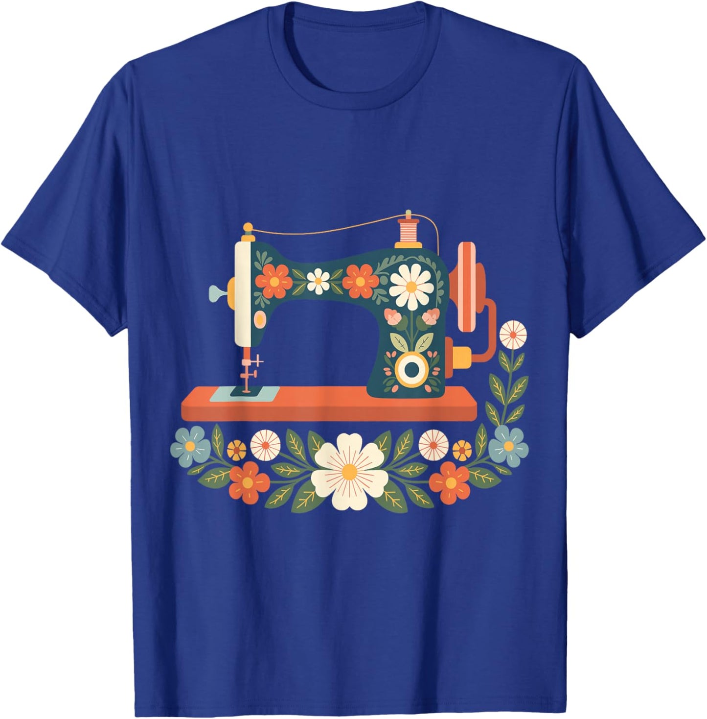 Retro Floral Sewing Machine Quilting Lover Graphic Flowers T-Shirt - T-Shirt | Royal