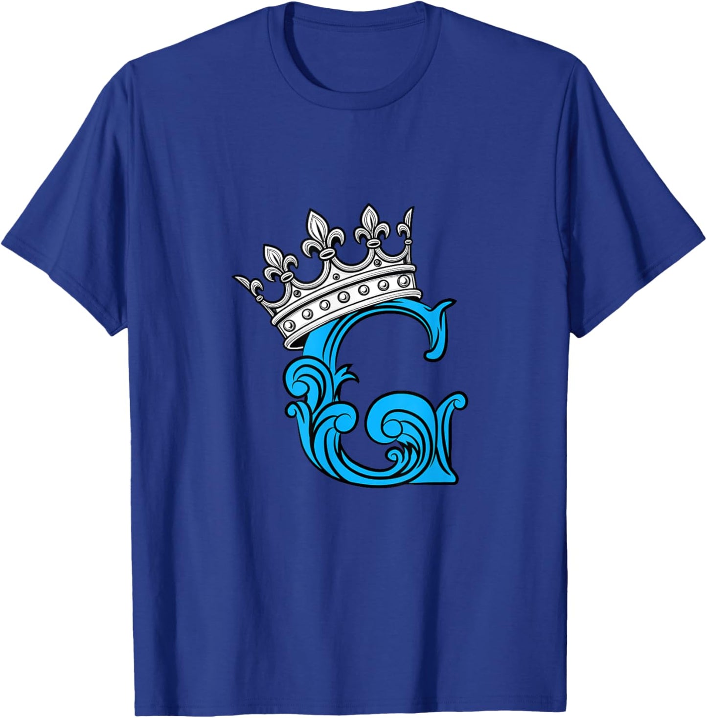 Blue Color Letter G Initial + Crown Blue Graphic T-Shirt - T-Shirt | Royal