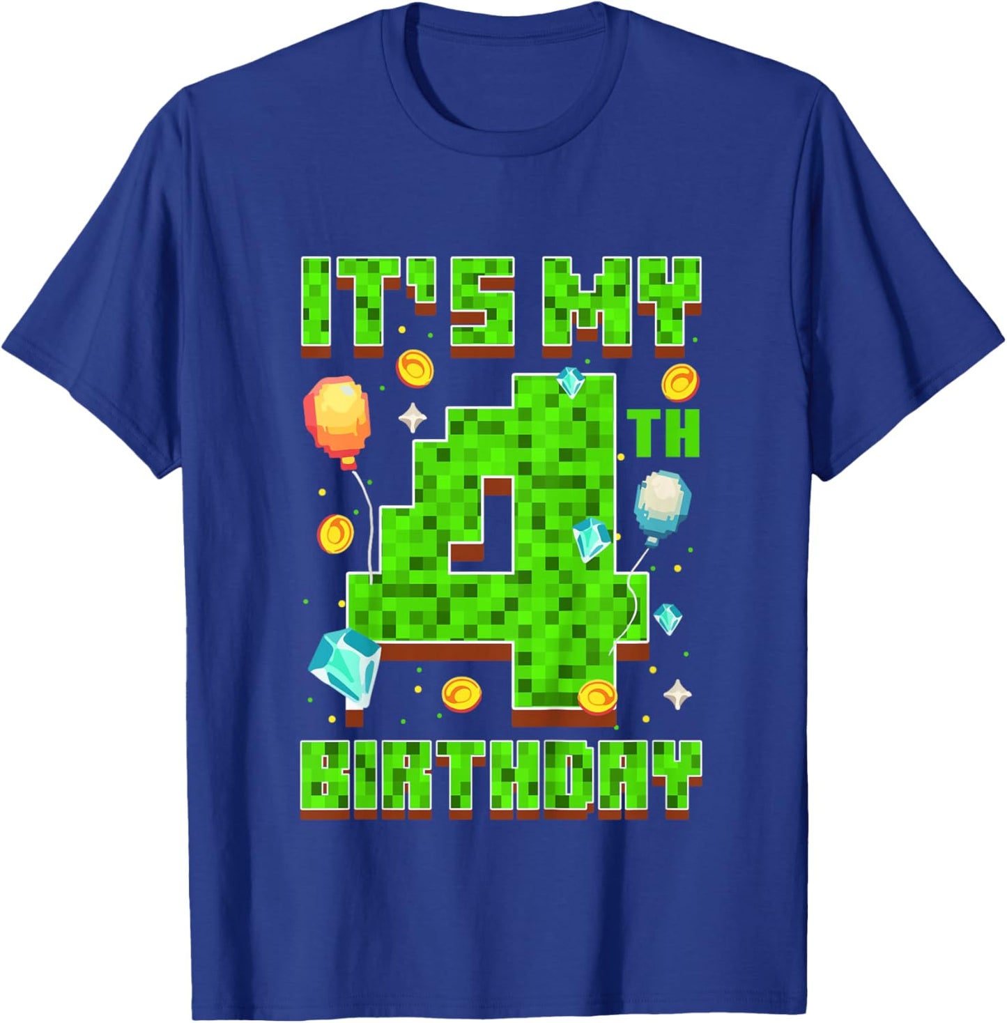 Kids It's My 4th Birthday Boy 4 Year Old Video Gamer Pixel T-Shirt - T-Shirt | Royal