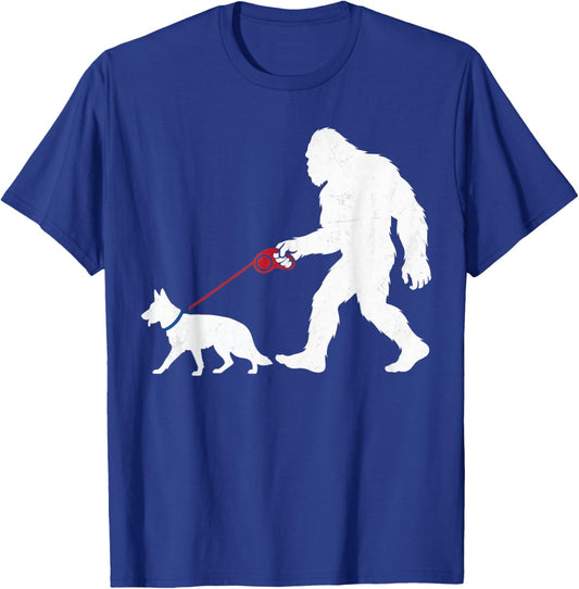 Retro Bigfoot Walking German Shepherd Dog Funny Sasquatch T-Shirt - T-Shirt | Royal