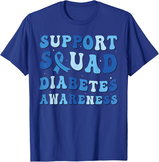 Diabetes Awareness Warrior Support Squad Groovy Blue Ribbon T-Shirt - T-Shirt | Royal