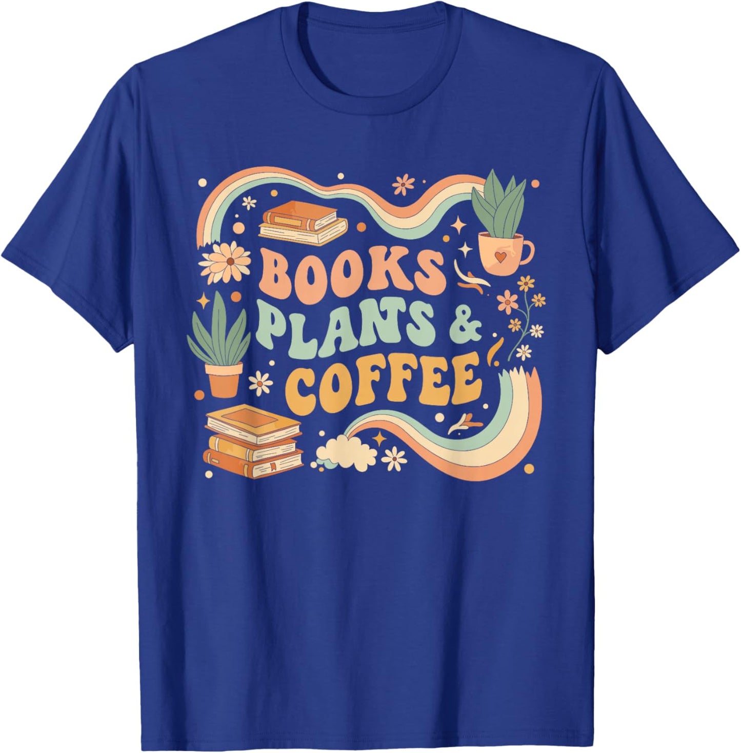Book Lover Coffee Plants Retro Cozy Succulent Reading Groovy T-Shirt - T-Shirt | Royal