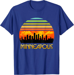 Vintage Retro Sunset Downtown Minneapolis Skyline T-Shirt - T-Shirt | Royal