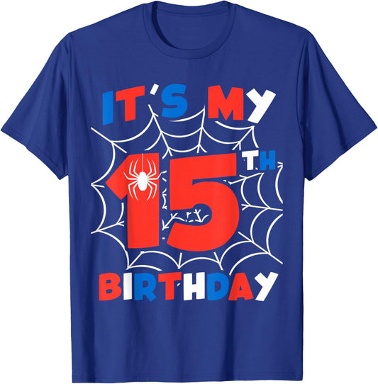 Spider Web 15th Birthday Party 15 Year Old Boys Kids T-Shirt - T-Shirt | Royal