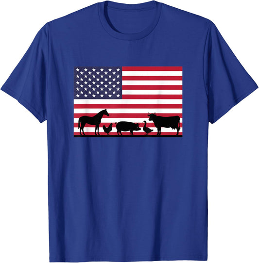 American Flag Farm Animals Horse Cow Pig Chicken Patriotic T-Shirt - T-Shirt | Royal