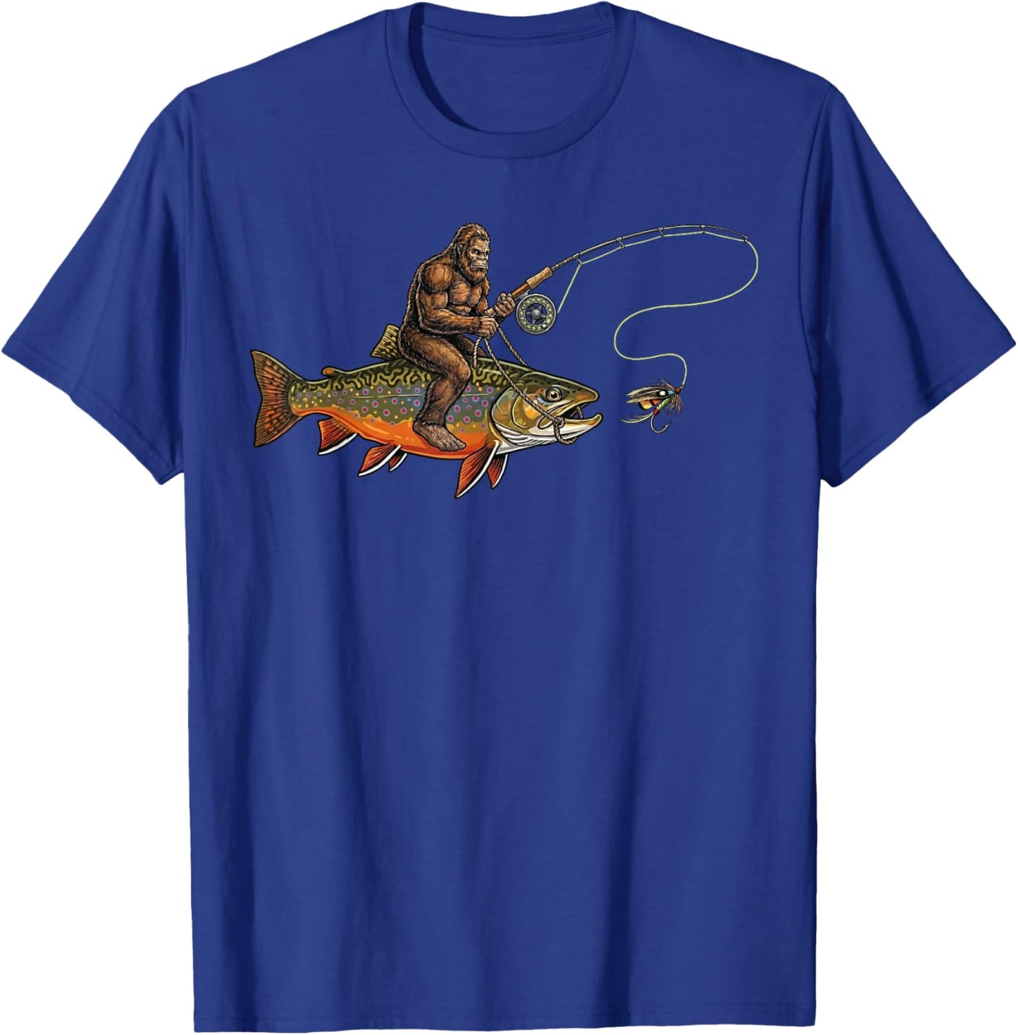 Brook Trout Fishing Bigfoot Riding Fisherman Funny Angler T-Shirt - T-Shirt | Royal
