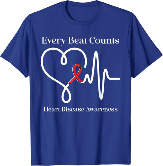 Heart Disease Awareness Every Beat Counts Cardiology Support T-Shirt - T-Shirt | Royal