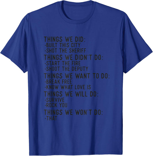Things We Did Sarcastic Music Checklist Classic Song Lyrics T-Shirt - T-Shirt | Royal
