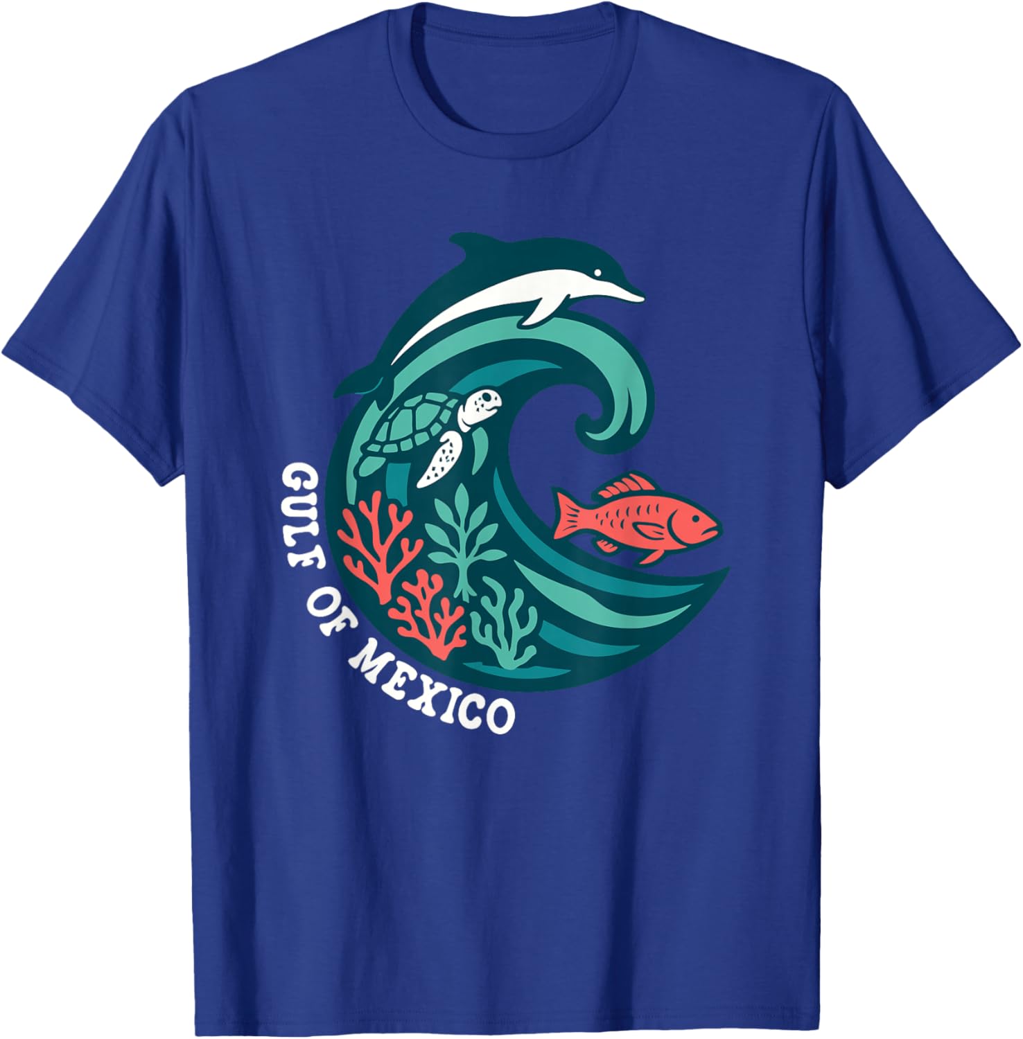 Gulf of Mexico, Turtle Dolphin Fish Ocean Wave T-Shirt - T-Shirt | Royal