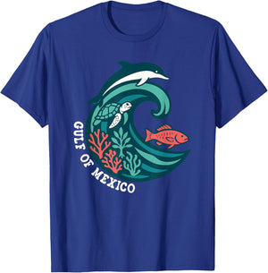 Gulf of Mexico, Turtle Dolphin Fish Ocean Wave T-Shirt - T-Shirt | Royal