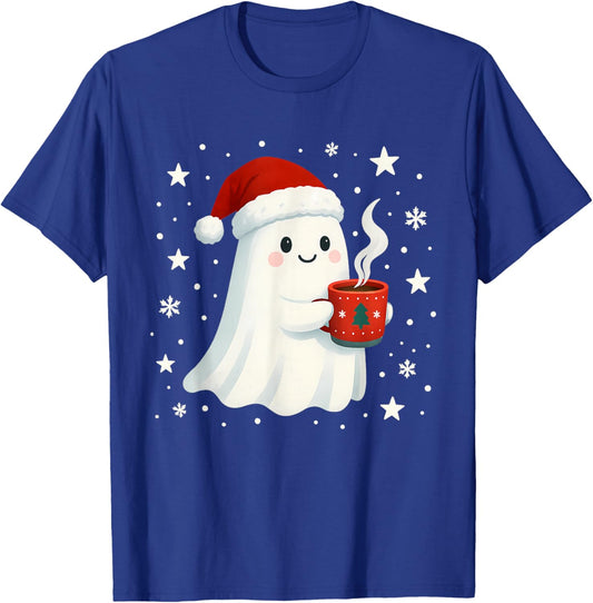 Cute Christmas Ghost with Hot Cocoa Santa Hat Winter Holiday T-Shirt - T-Shirt | Royal
