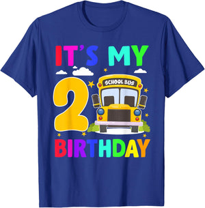 2 Year Old Boy Girl It's My 2nd Birthday School Bus Theme T-Shirt - T-Shirt | Royal