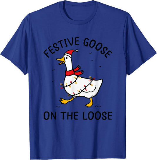 Cute Christmas Geese Holiday Festive Goose On The Loose T-Shirt - T-Shirt | Royal