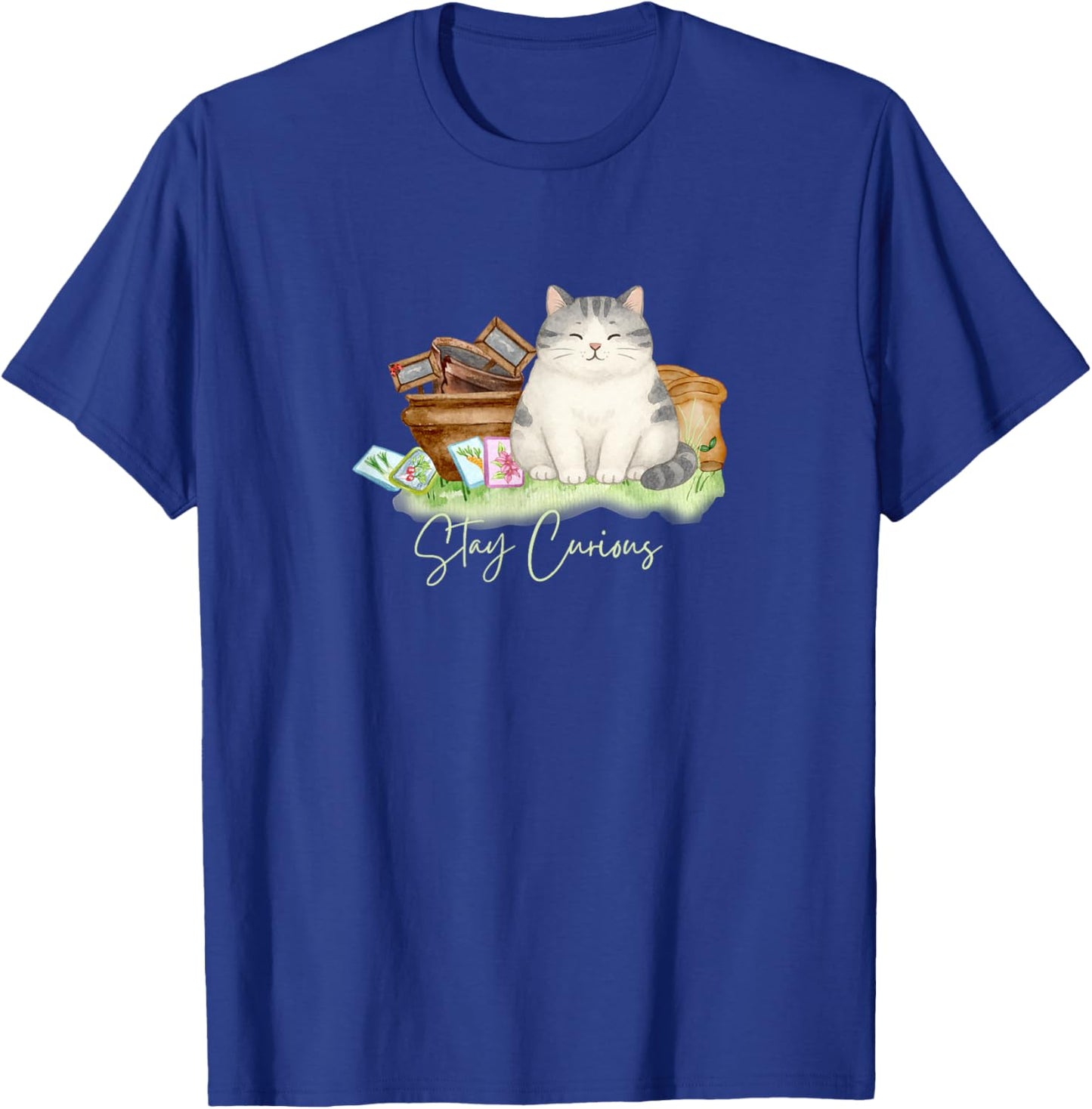 Stay Curious Cat – Whimsical Garden Art T-Shirt - T-Shirt | Royal