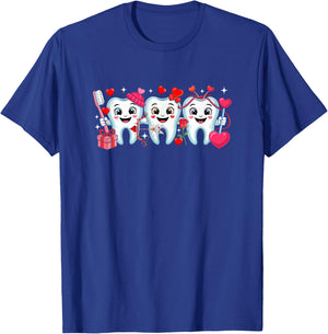 Valentine's Day Three Cute Teeth Dentist Holding Hearts T-Shirt - T-Shirt | Royal