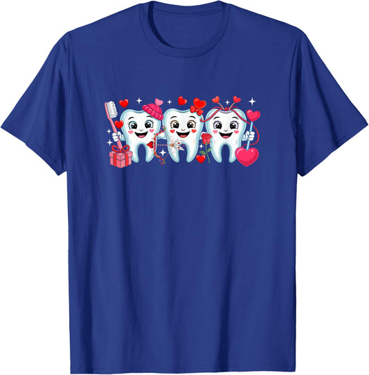 Valentine's Day Three Cute Teeth Dentist Holding Hearts T-Shirt - T-Shirt | Royal