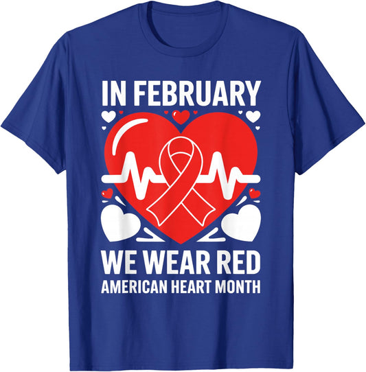 American Heart Disease Awareness Month Ribbon Red Heart T-Shirt - T-Shirt | Royal