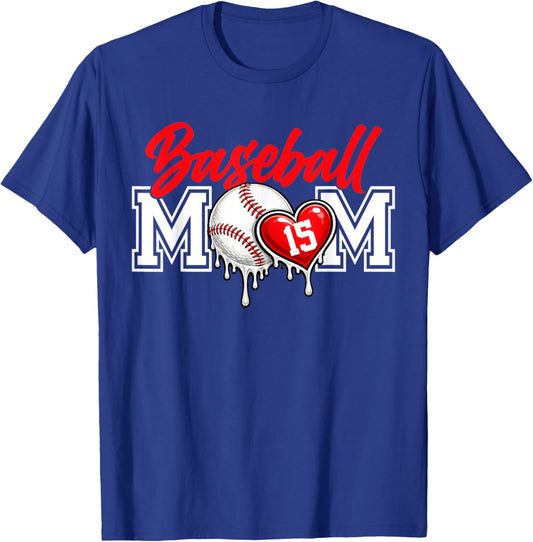 Personalized Proud Mom Jersey Number 15 Baseball Game Day T-Shirt - T-Shirt | Royal
