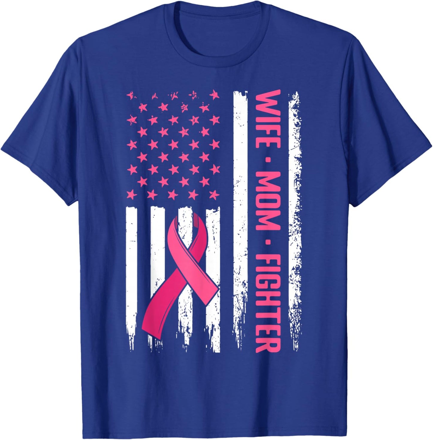US Flag Pink Ribbon Survivor Warrior Breast Cancer Awareness T-Shirt - T-Shirt | Royal