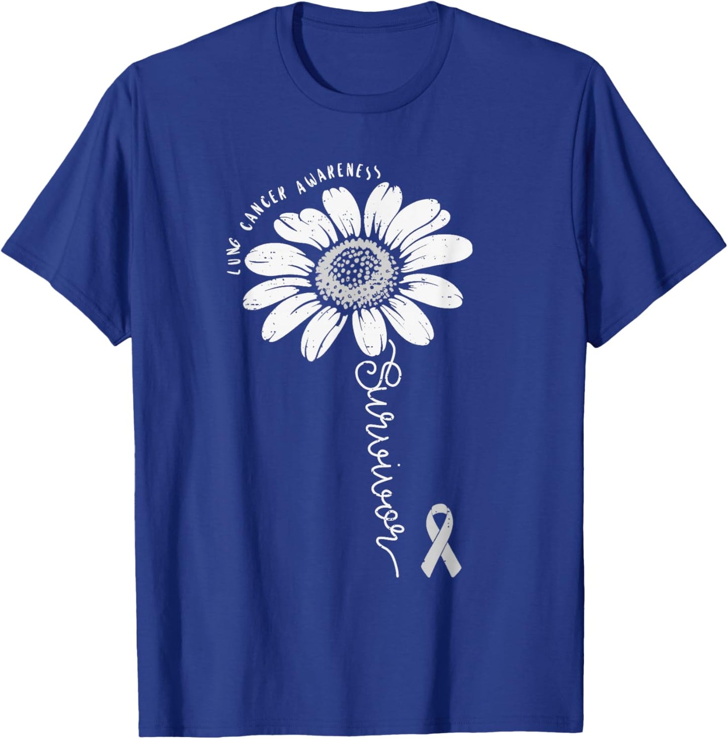 Lung Cancer Awareness Survivor Flower White Ribbon Support T-Shirt - T-Shirt | Royal