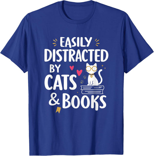 Easily Distracted by Cats and Books Cute Reader T-Shirt - T-Shirt | Royal