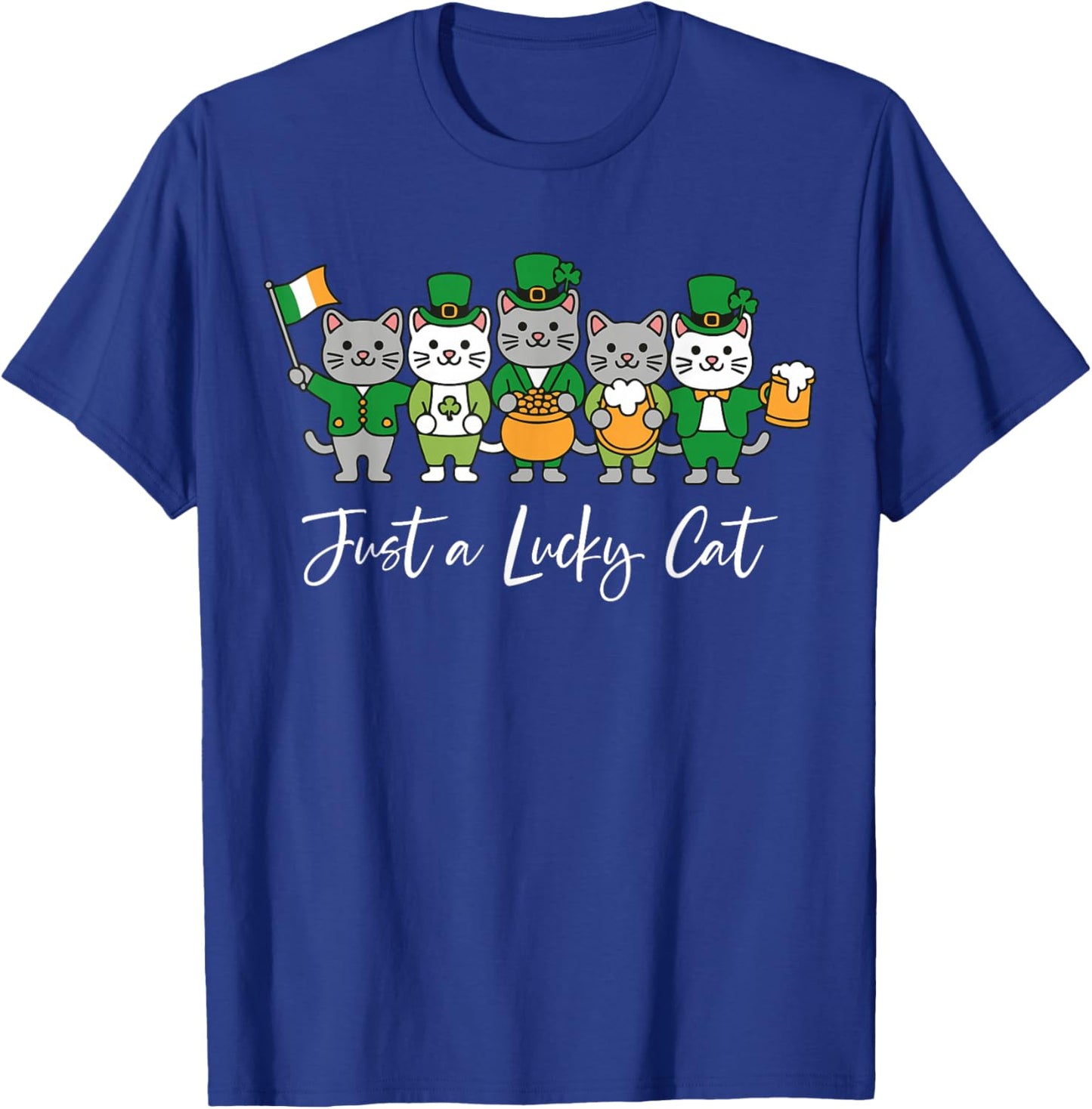 Funny Just A Lucky Cat St Patrick's Day Cute Kitten Shamrock T-Shirt - T-Shirt | Royal