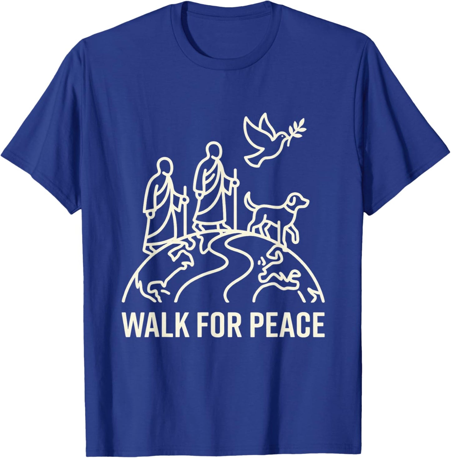 Walk for Peace Aloka Monks with Dog and Dove Line Art T-Shirt - T-Shirt | Royal