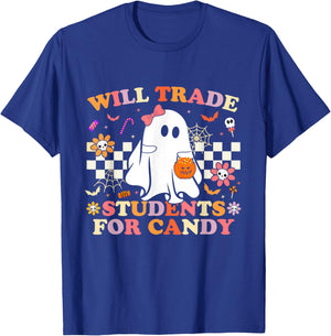 Will Trade Students for Candy Halloween Teacher Ghost Funny T-Shirt - T-Shirt | Royal