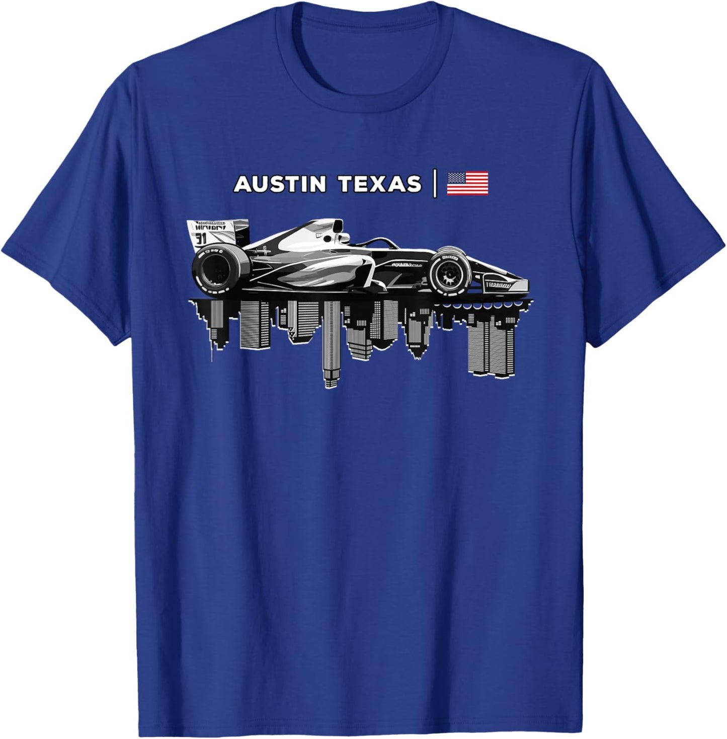Austin Texas Racing Car Silhouette USA Flag T-Shirt - T-Shirt | Royal