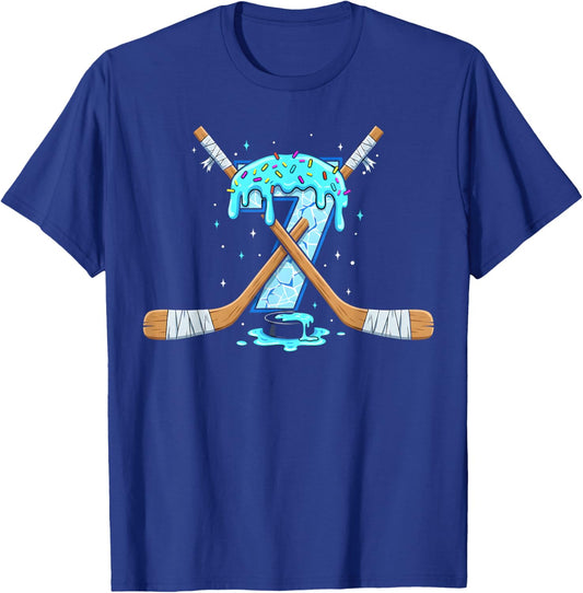 7 Year Old Hockey Ice Cream Drip Youth 7th Birthday Boys T-Shirt - T-Shirt | Royal