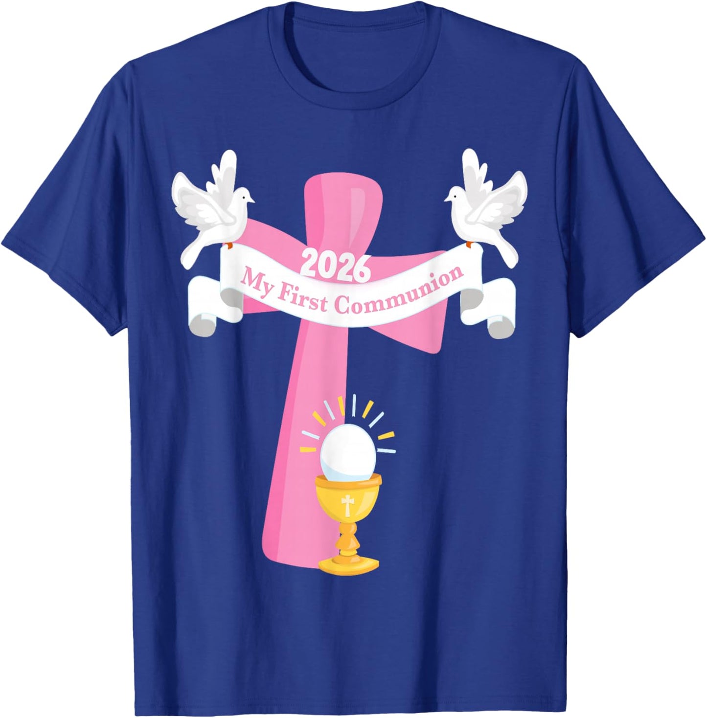Girl First Communion 2026 Pink Cross Chalice Retreat Party T-Shirt - T-Shirt | Royal