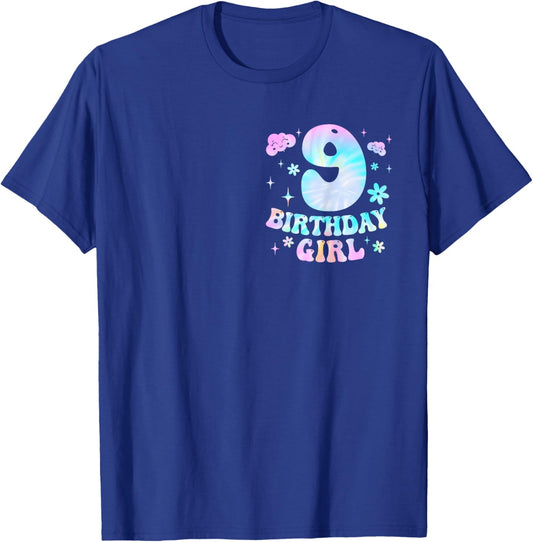 Kids 9th Birthday Girl 9 Year Old On Cloud Nine Bday 2 Sided T-Shirt - T-Shirt | Royal