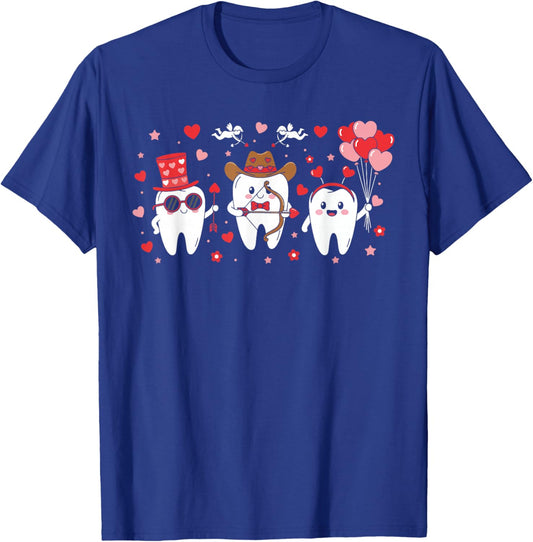 Cute Three Teeth Holding Hearts Dentist Funny Valentines T-Shirt - T-Shirt | Royal