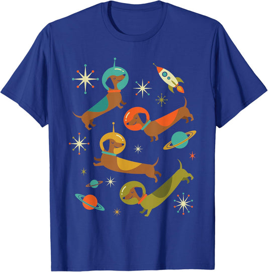 Retro Dachshund Astronaut Space Dogs Wiener Dog Cosmic Fun T-Shirt - T-Shirt | Royal
