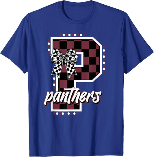 Panthers Checkered Print Maroon Panther Pride School Spirit T-Shirt - T-Shirt | Royal