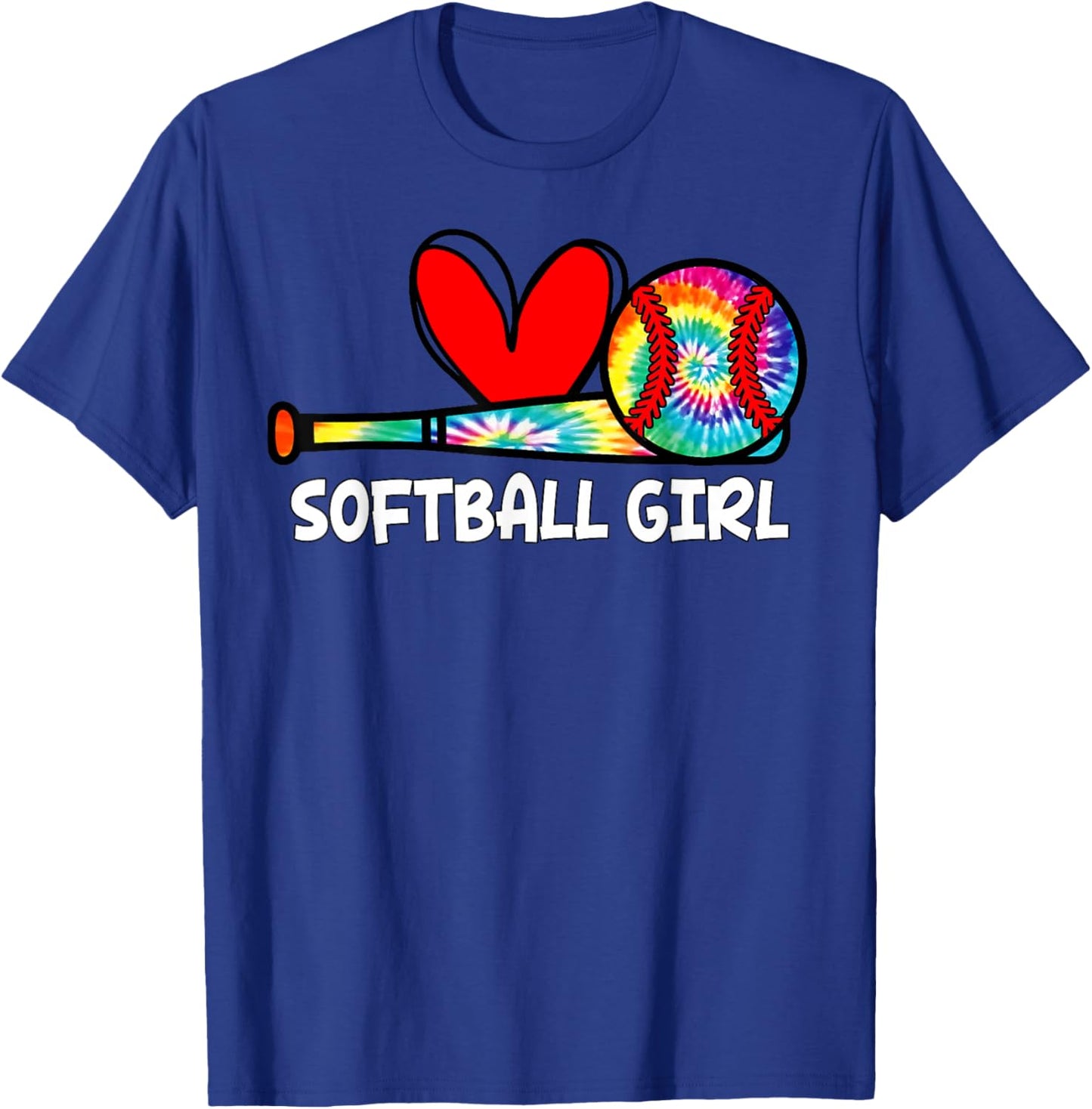 Softball Girl Tie Dye Heart Ball Cute Girls Softball T-Shirt - T-Shirt | Royal