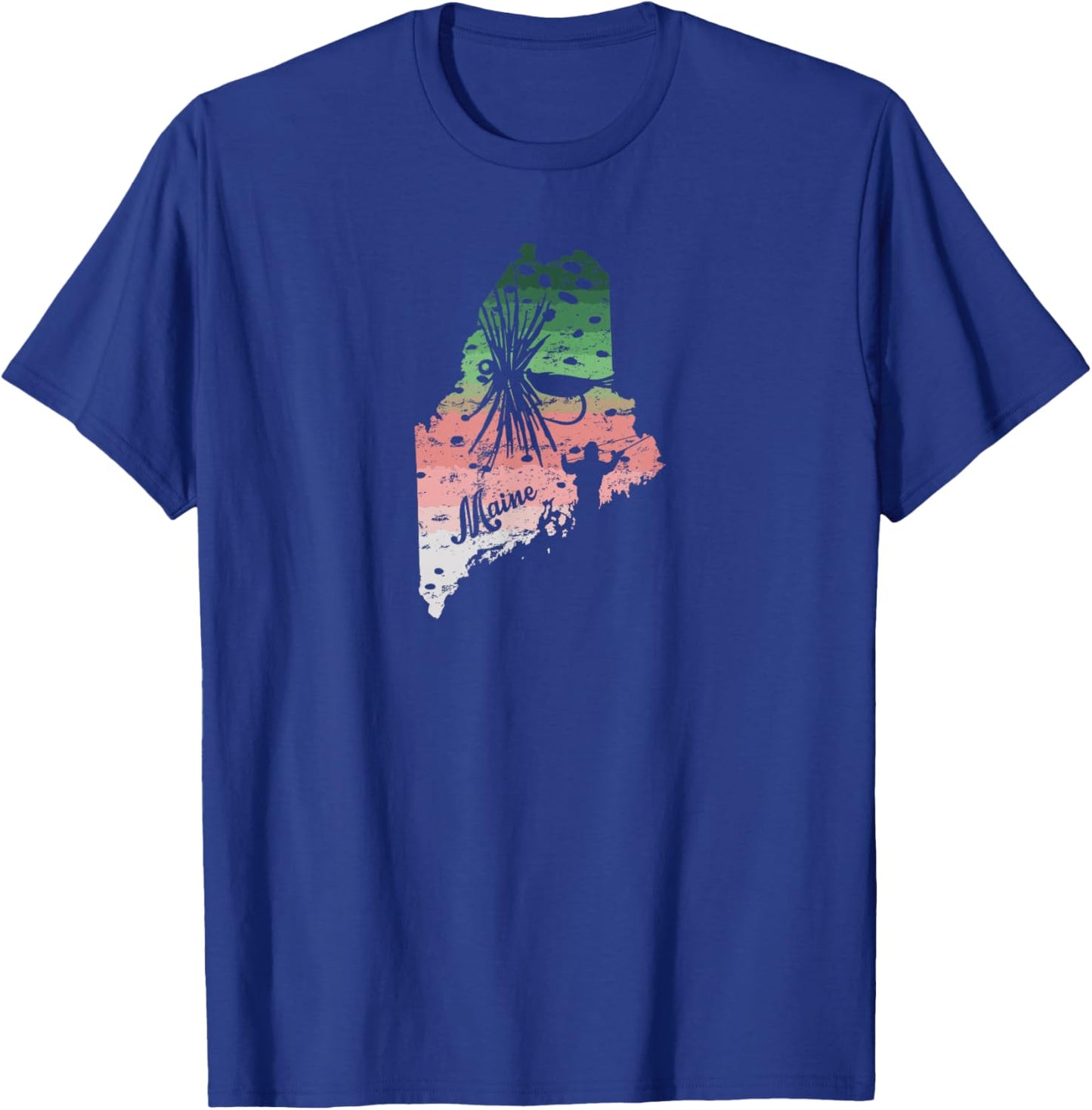 Vintage Big Fly Rainbow Trout Maine Map Fly Fishing T-Shirt - T-Shirt | Royal