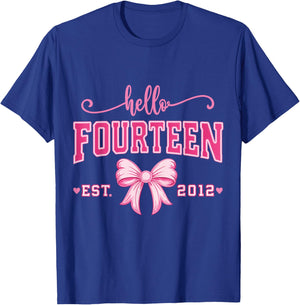 Hello Fourteen Est 2012 Coquette Bow Pink 14th Birthday Girl T-Shirt - T-Shirt | Royal