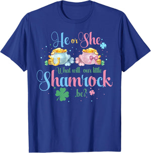 He Or She What Will Our Little Shamrock Be St Patricks Day T-Shirt - T-Shirt | Royal