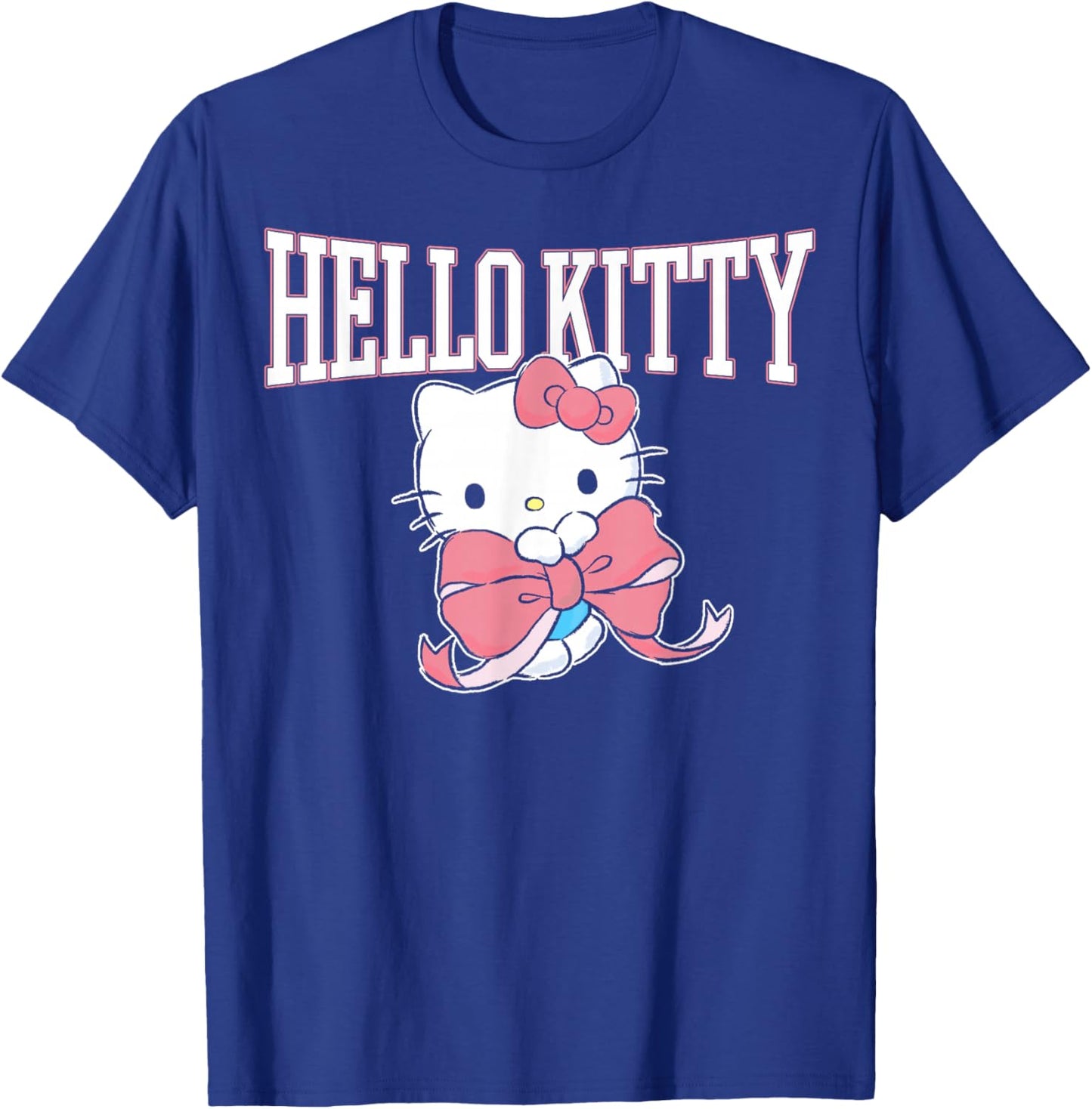 Hello Kitty Holding Pink Bow Collegiate Style Lettering T-Shirt - T-Shirt | Royal