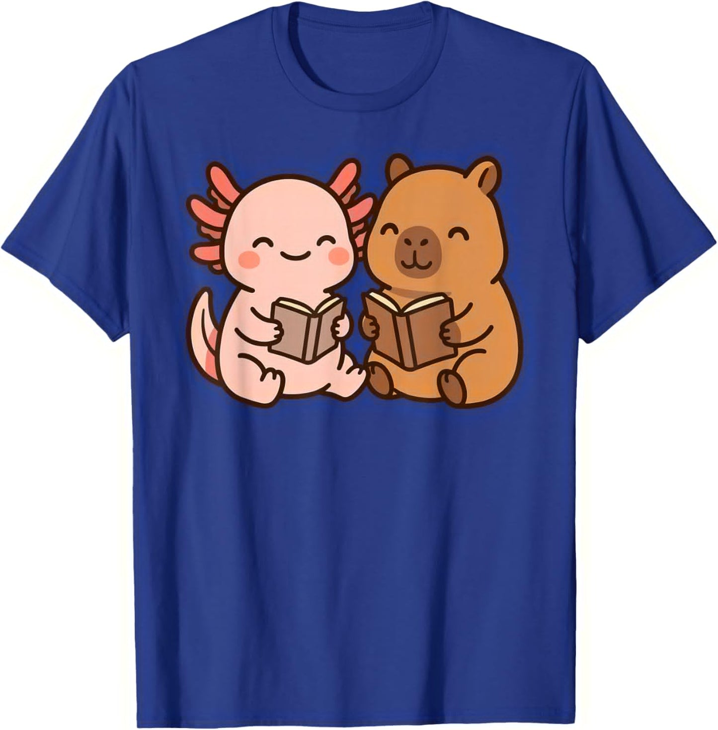 Capybara Axolotl Kawaii Kids Anime Book Lover Reading T-Shirt - T-Shirt | Royal