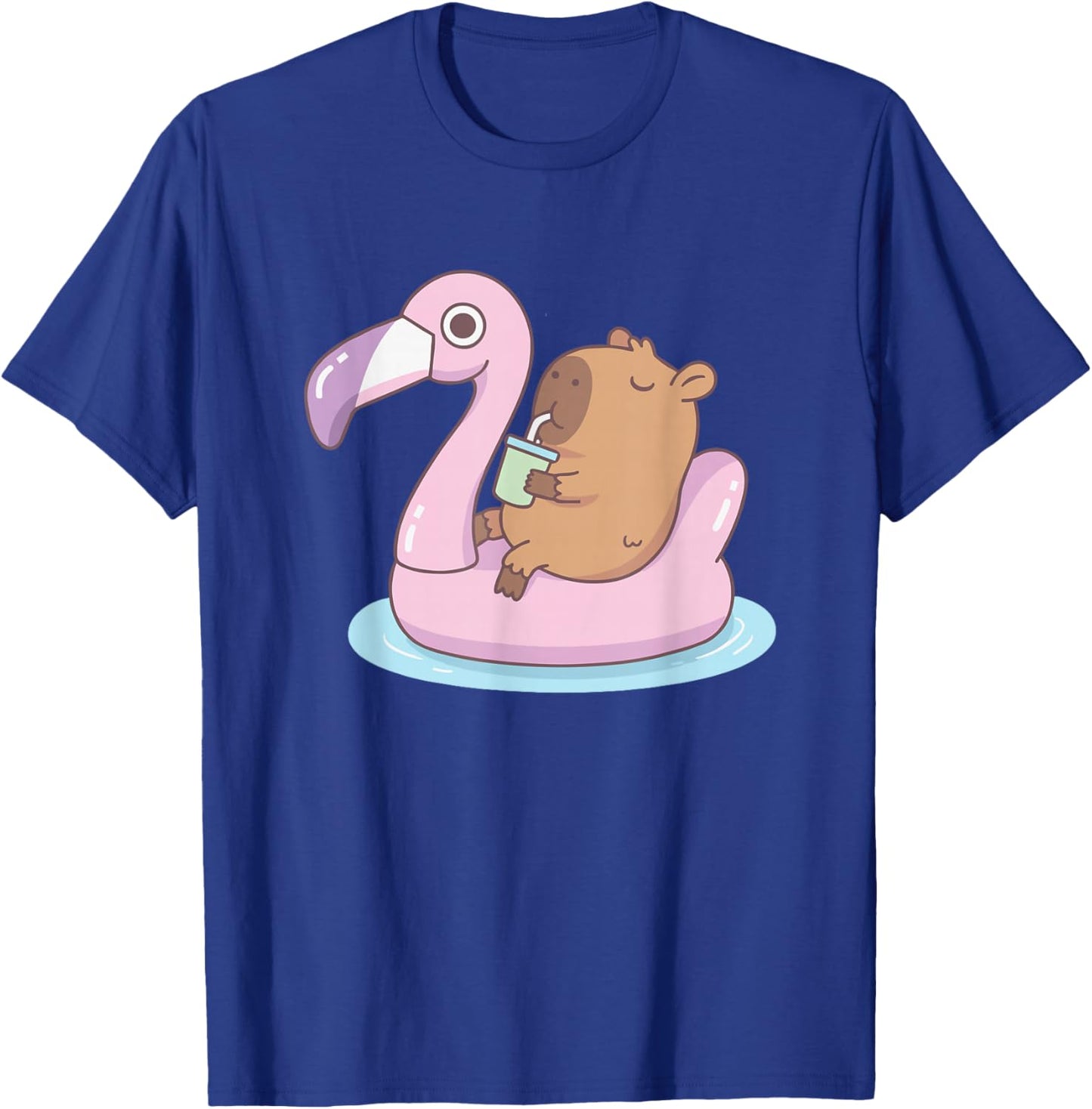 Cute Capybara Floating Flamingo Pool Summer Cartoon T-Shirt - T-Shirt | Royal