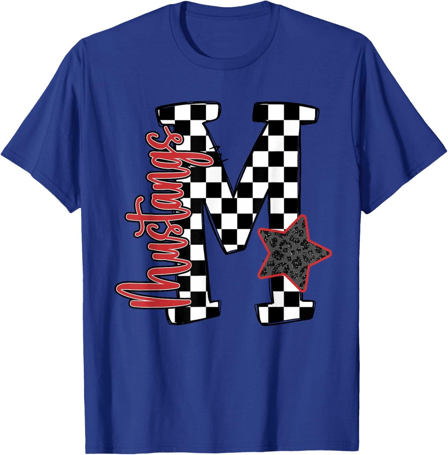 Red Mustangs Checkered Print Star School Spirit Mascot T-Shirt - T-Shirt | Royal
