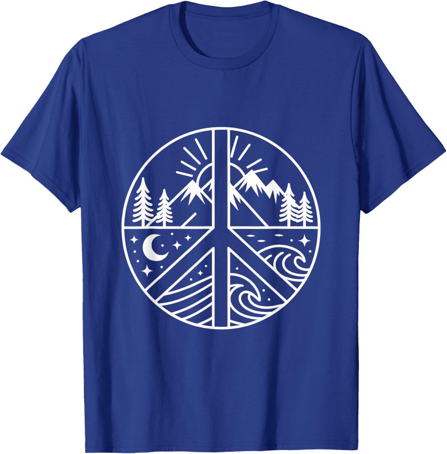Hippie Peace Sign Hiking Nature Mountain Ocean Minimalist T-Shirt - T-Shirt | Royal