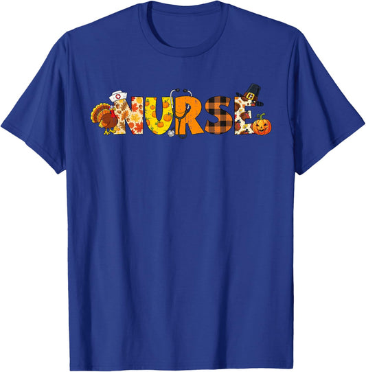 Funny Nurse Turkey Fall Thanksgiving Scrub Top RN ICU ER T-Shirt - T-Shirt | Royal