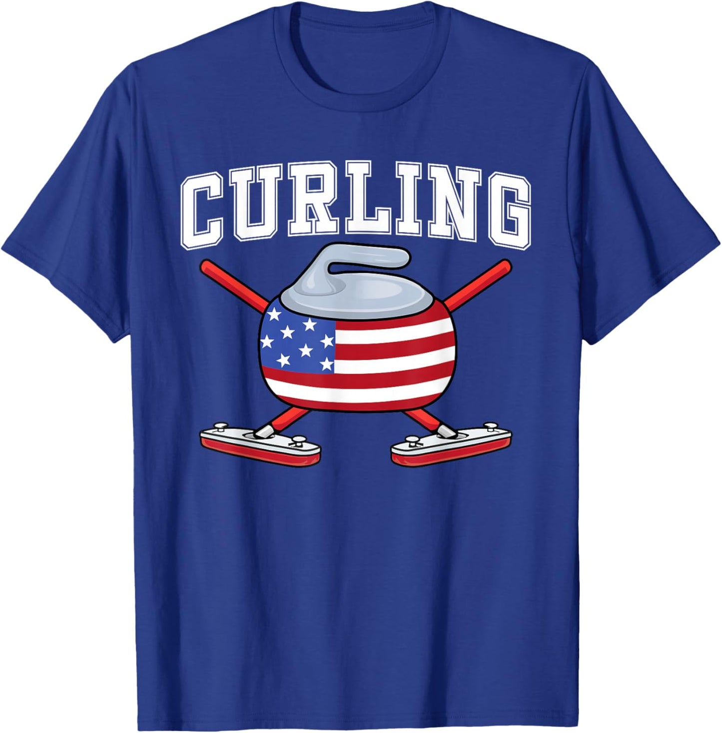 Winter Ice Sports US Curler Broom American Flag Curling Fan T-Shirt - T-Shirt | Royal
