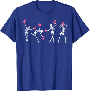 Skeleton Dancing Pink Ribbon Breast Cancer Awareness Support T-Shirt - T-Shirt | Royal