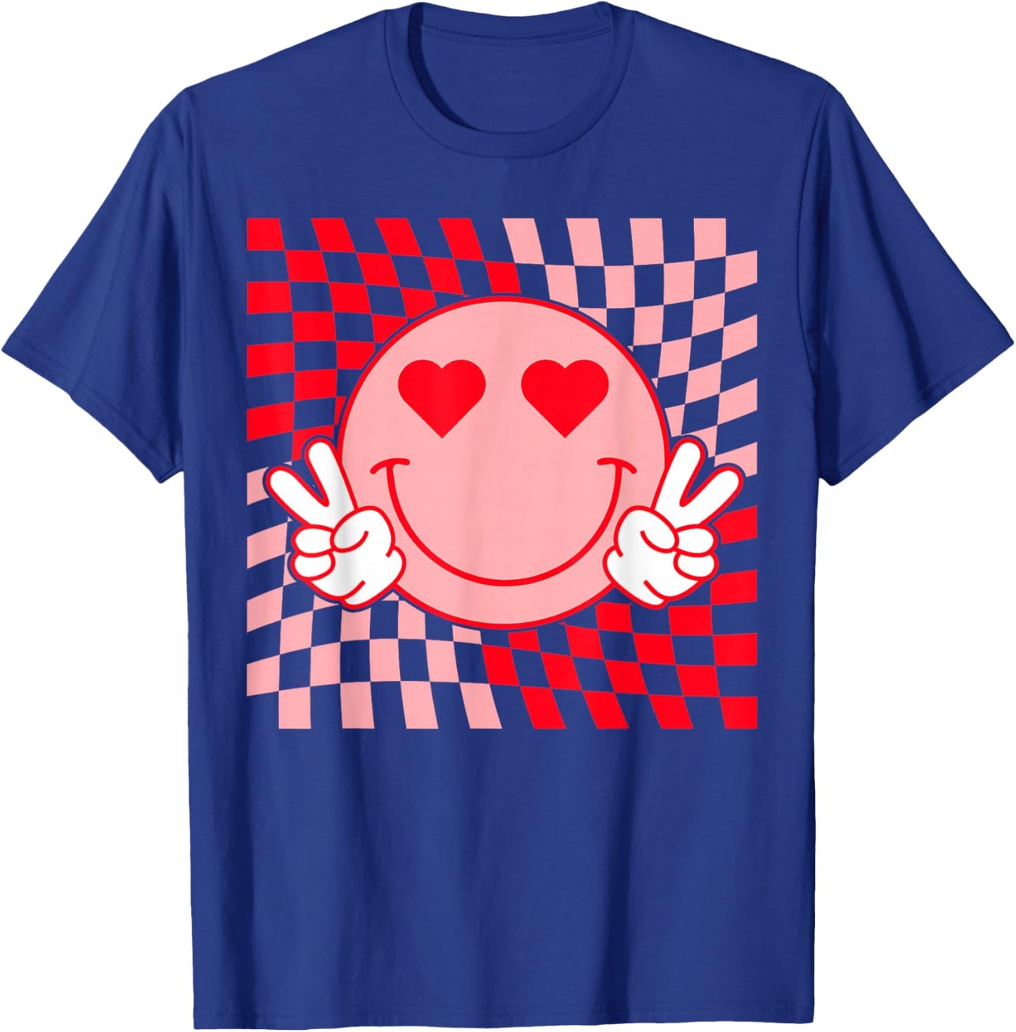 Retro Checkered Smile Face Hearts Valentine Funny Trendy T-Shirt - T-Shirt | Royal
